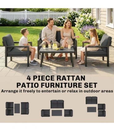 Outsunny 4 Seater Rattan Garden Furniture Set with 2 Armchairs, Loveseat, Coffee Table, Garden Sofa Set with Cushions, Dark Grey