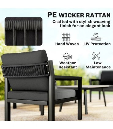 Outsunny 4 Seater Rattan Garden Furniture Set with 2 Armchairs, Loveseat, Coffee Table, Garden Sofa Set with Cushions, Dark Grey