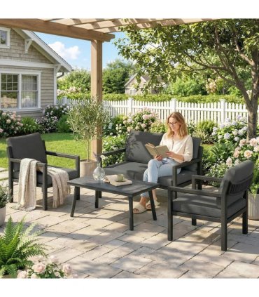 Outsunny 4 Seater Rattan Garden Furniture Set with 2 Armchairs, Loveseat, Coffee Table, Garden Sofa Set with Cushions, Dark Grey
