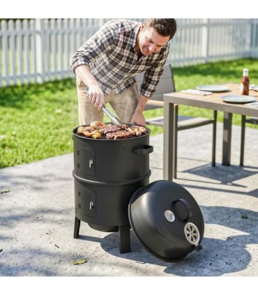 Outsunny 3-in-1 Vertical Charcoal Smoker with 2 Grill Grates, Built-in Thermometer, Adjustable Vent, 2 Doors