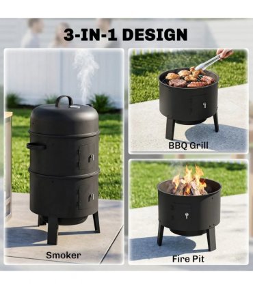 Outsunny 3-in-1 Vertical Charcoal Smoker with 2 Grill Grates, Built-in Thermometer, Adjustable Vent, 2 Doors