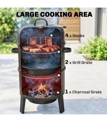 Outsunny 3-in-1 Vertical Charcoal Smoker with 2 Grill Grates, Built-in Thermometer, Adjustable Vent, 2 Doors
