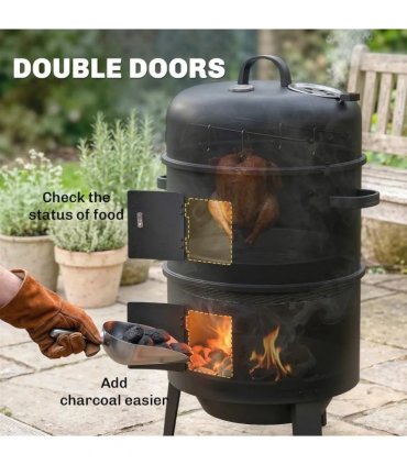 Outsunny 3-in-1 Vertical Charcoal Smoker with 2 Grill Grates, Built-in Thermometer, Adjustable Vent, 2 Doors