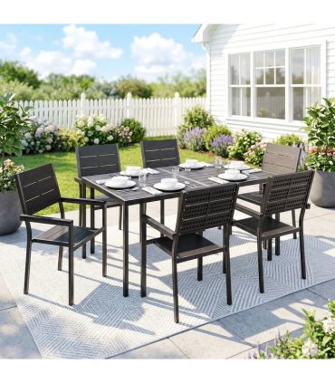 Outsunny 7 Pieces Outdoor Dining Set, Patio Table and Chairs for 6, Garden Dining Furniture Set with Slatted Tabletop