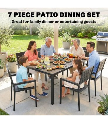 Outsunny 7 Pieces Outdoor Dining Set, Patio Table and Chairs for 6, Garden Dining Furniture Set with Slatted Tabletop
