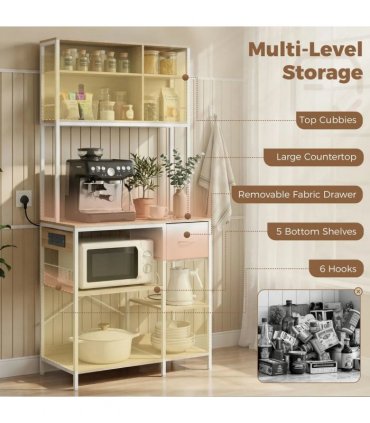 HOMCOM Kitchen Baker's Rack, Microwave Stand with Storage Shelves and 6 Hooks for Small Spaces