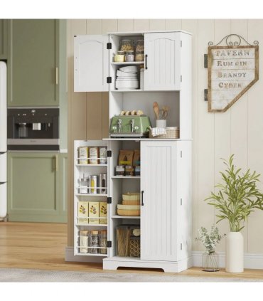 HOMCOM 181.5 cm Freestanding Storage Cabinet, Tall Kitchen Cupboard with Adjustable Shelves, 8 Door Spice Racks, White