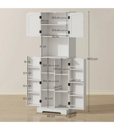 HOMCOM 181.5 cm Freestanding Storage Cabinet, Tall Kitchen Cupboard with Adjustable Shelves, 8 Door Spice Racks, White
