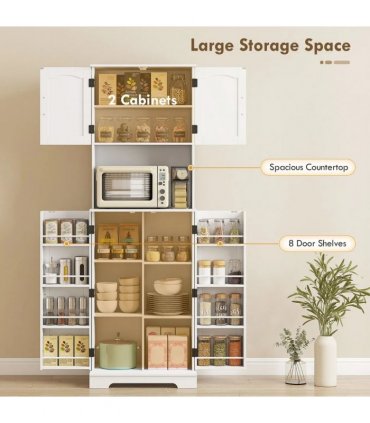 HOMCOM 181.5 cm Freestanding Storage Cabinet, Tall Kitchen Cupboard with Adjustable Shelves, 8 Door Spice Racks, White