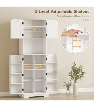 HOMCOM 181.5 cm Freestanding Storage Cabinet, Tall Kitchen Cupboard with Adjustable Shelves, 8 Door Spice Racks, White