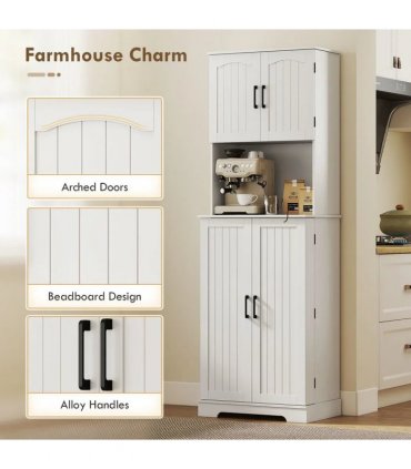 HOMCOM 181.5 cm Freestanding Storage Cabinet, Tall Kitchen Cupboard with Adjustable Shelves, 8 Door Spice Racks, White