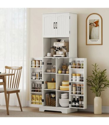 HOMCOM 181.5 cm Freestanding Storage Cabinet, Tall Kitchen Cupboard with Adjustable Shelves, 8 Door Spice Racks, White