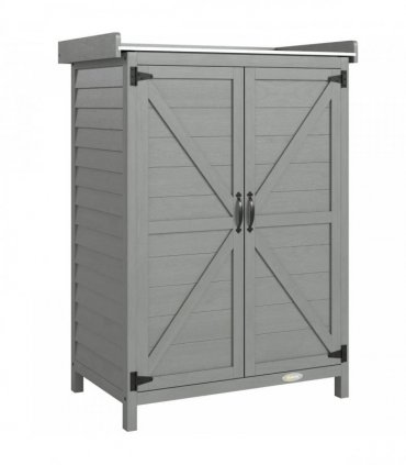 Outsunny Wooden Garden Shed, Garden Tool Storage Shed with Shelf and Side Hooks, 71.5 x 39 x 95 cm, Grey