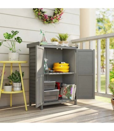 Outsunny Wooden Garden Shed, Garden Tool Storage Shed with Shelf and Side Hooks, 71.5 x 39 x 95 cm, Grey