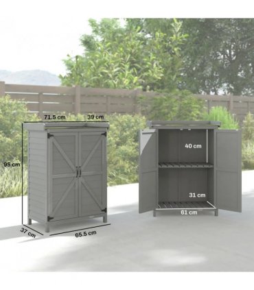 Outsunny Wooden Garden Shed, Garden Tool Storage Shed with Shelf and Side Hooks, 71.5 x 39 x 95 cm, Grey