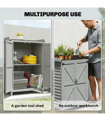 Outsunny Wooden Garden Shed, Garden Tool Storage Shed with Shelf and Side Hooks, 71.5 x 39 x 95 cm, Grey