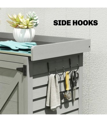 Outsunny Wooden Garden Shed, Garden Tool Storage Shed with Shelf and Side Hooks, 71.5 x 39 x 95 cm, Grey
