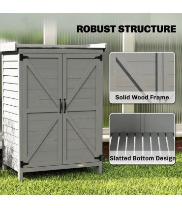 Outsunny Wooden Garden Shed, Garden Tool Storage Shed with Shelf and Side Hooks, 71.5 x 39 x 95 cm, Grey