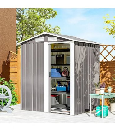Outsunny Garden Metal Tool Storage Shed with Sliding Door, Sloped Roof and Foundation Kit, 152 x 132 x 188cm, Grey