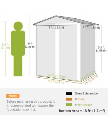 Outsunny Garden Metal Tool Storage Shed with Sliding Door, Sloped Roof and Foundation Kit, 152 x 132 x 188cm, Grey