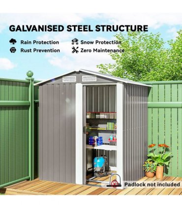 Outsunny Garden Metal Tool Storage Shed with Sliding Door, Sloped Roof and Foundation Kit, 152 x 132 x 188cm, Grey