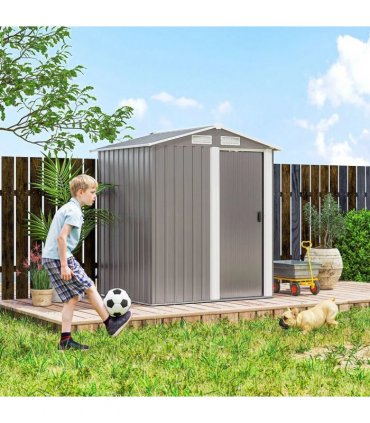 Outsunny Garden Metal Tool Storage Shed with Sliding Door, Sloped Roof and Foundation Kit, 152 x 132 x 188cm, Grey