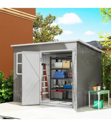 Outsunny 8.5 x 6ft Storage Shed Galvanised Steel Garden Shed, Metal Shed with Foundation Kit, Window, Lockable Wide Doors and Air Vents for Outdoor Patio, Light Grey