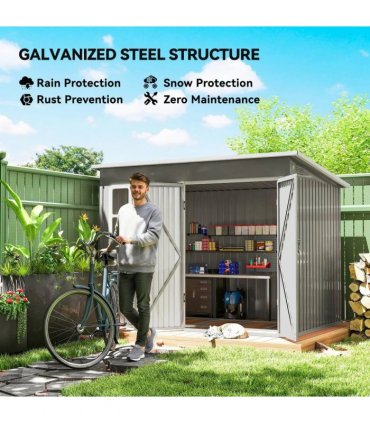 Outsunny 8.5 x 6ft Storage Shed Galvanised Steel Garden Shed, Metal Shed with Foundation Kit, Window, Lockable Wide Doors and Air Vents for Outdoor Patio, Light Grey