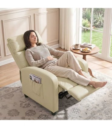 HOMCOM Recliner Armchair, Massage Faux Leather Push Back Reclining Chair with Adjustable Leg Rest, Side Pocket, Cream White