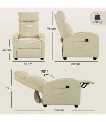 HOMCOM Recliner Armchair, Massage Faux Leather Push Back Reclining Chair with Adjustable Leg Rest, Side Pocket, Cream White