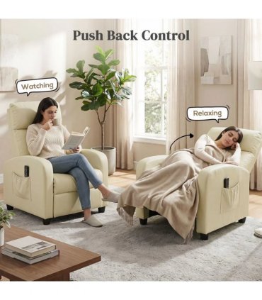 HOMCOM Recliner Armchair, Massage Faux Leather Push Back Reclining Chair with Adjustable Leg Rest, Side Pocket, Cream White