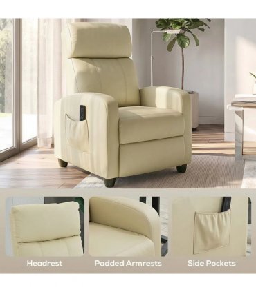 HOMCOM Recliner Armchair, Massage Faux Leather Push Back Reclining Chair with Adjustable Leg Rest, Side Pocket, Cream White