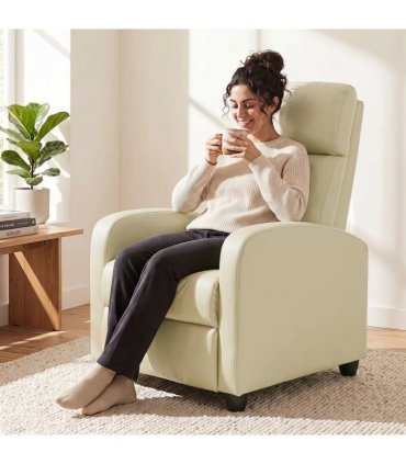HOMCOM Recliner Armchair, Massage Faux Leather Push Back Reclining Chair with Adjustable Leg Rest, Side Pocket, Cream White