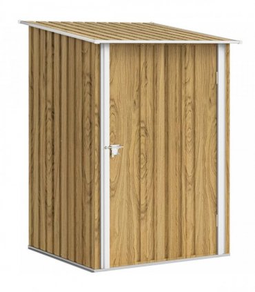 Outsunny 3.3 x 3.4ft Lean To Steel Garden Shed, with Locking Door - Light Brown Wood Effect/White