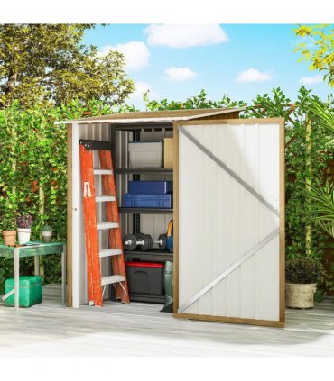 Outsunny 3.3 x 3.4ft Lean To Steel Garden Shed, with Locking Door - Light Brown Wood Effect/White