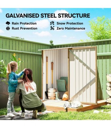 Outsunny 3.3 x 3.4ft Lean To Steel Garden Shed, with Locking Door - Light Brown Wood Effect/White