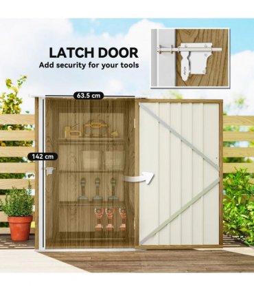 Outsunny 3.3 x 3.4ft Lean To Steel Garden Shed, with Locking Door - Light Brown Wood Effect/White