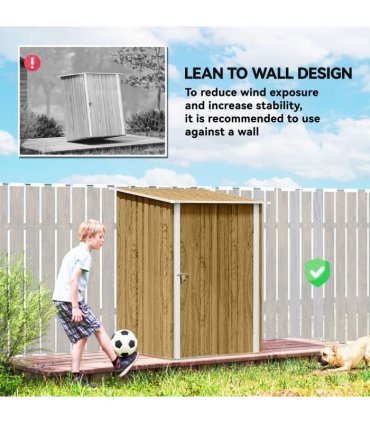 Outsunny 3.3 x 3.4ft Lean To Steel Garden Shed, with Locking Door - Light Brown Wood Effect/White