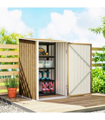 Outsunny 3.3 x 3.4ft Lean To Steel Garden Shed, with Locking Door - Light Brown Wood Effect/White