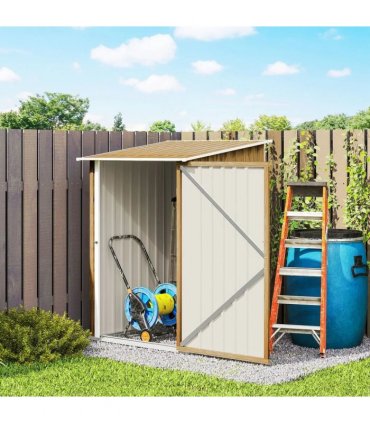 Outsunny 3.3 x 3.4ft Lean To Steel Garden Shed, with Locking Door - Light Brown Wood Effect/White