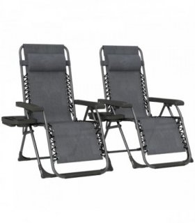 Outsunny Zero Gravity Chairs Set of 2, Folding Sunloungers Reclining Garden Chairs with Cup Holder, Headrest, Dark Grey