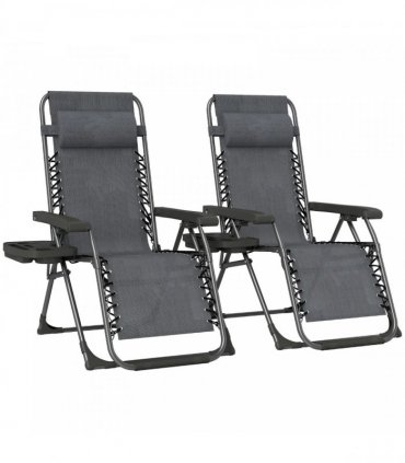 Outsunny Zero Gravity Chairs Set of 2, Folding Sunloungers Reclining Garden Chairs with Cup Holder, Headrest, Dark Grey