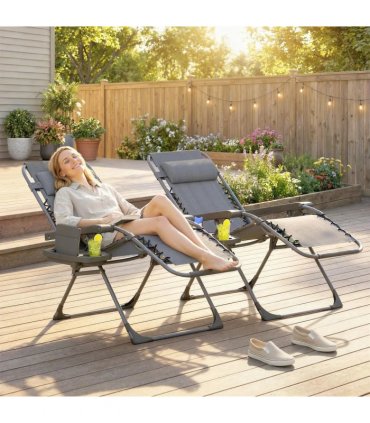 Outsunny Zero Gravity Chairs Set of 2, Folding Sunloungers Reclining Garden Chairs with Cup Holder, Headrest, Dark Grey