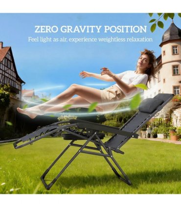 Outsunny Zero Gravity Chairs Set of 2, Folding Sunloungers Reclining Garden Chairs with Cup Holder, Headrest, Dark Grey