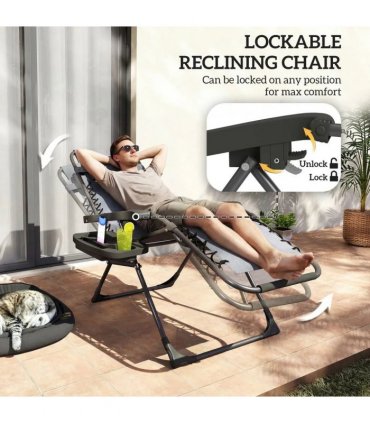 Outsunny Zero Gravity Chairs Set of 2, Folding Sunloungers Reclining Garden Chairs with Cup Holder, Headrest, Dark Grey