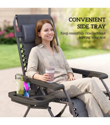 Outsunny Zero Gravity Chairs Set of 2, Folding Sunloungers Reclining Garden Chairs with Cup Holder, Headrest, Dark Grey