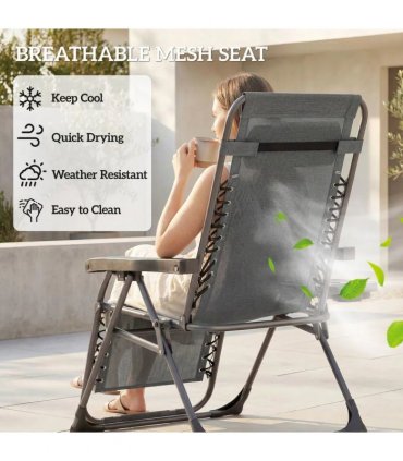 Outsunny Zero Gravity Chairs Set of 2, Folding Sunloungers Reclining Garden Chairs with Cup Holder, Headrest, Dark Grey