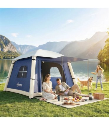 Outsunny Inflatable Camping Tent with Hand Pump, Easy Setup 1/2 Person Blackout Blow Up Tent, Dark Blue