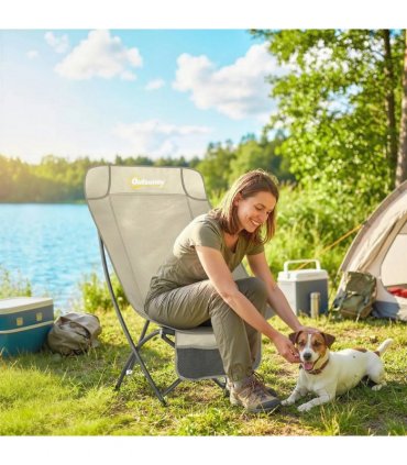 Outsunny Camping Chair for Adults Heavy Duty Folding Camp Chair with Side Pocket and Carry Bag Khaki