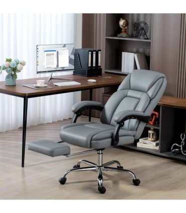 HOMCOM Faux Leather Reclining Office Chair, with Footrest - Grey